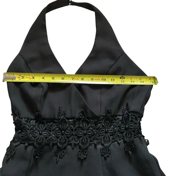 Vintage Dave & Johnny black beaded lace haltertop dress a-line open back sz 6 - Image 3