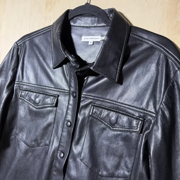 Good American Faux Leather Shirt Jacket Black Snap Button Women Sz 2‎ - Image 2