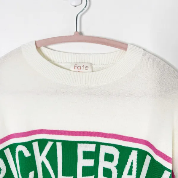 Fate Pickleball Spellout Crewneck Sweater Ivory Green Pink Lightweight Size S - Image 8