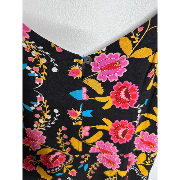 Express Floral Rayon Midi Sundress Black Pink Yellow Slit Smocked Back Women - Image 3