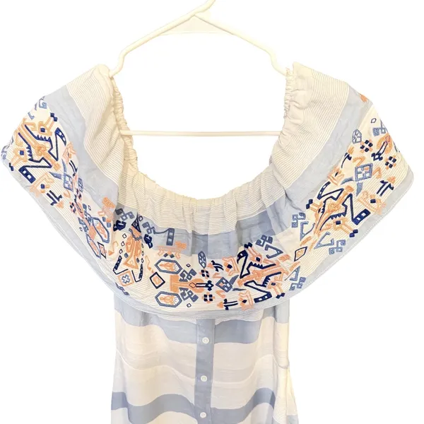 Sugarlips Embroidered Off Shoulder Striped Midi Dress Blue White D4843 Womens M - Image 7