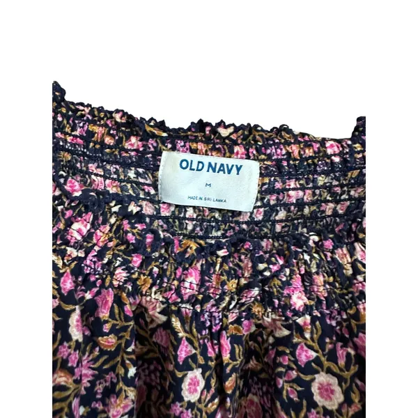 Old Navy Floral Blouse Top Women's Medium‎ Smocked Neck Puff Sleeve Pink - Image 6