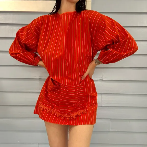 Vintage 60s/70s Stripe Balloon Sleeve Pom Pom Smock Top - Image 2