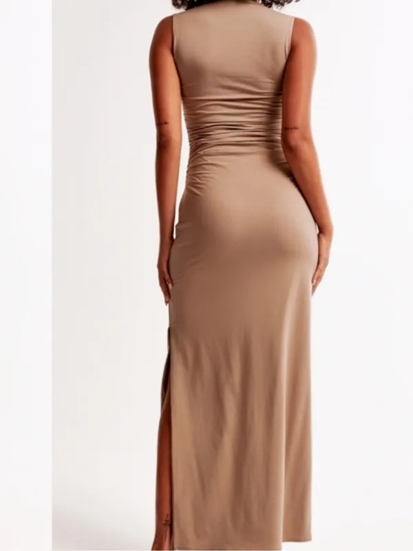 Abercrombie & Fitch Ava Knit Modal Blend Ruched Maxi Dress Taupe Small - Image 2