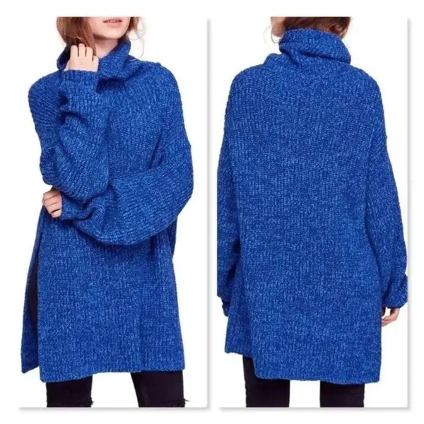 Free People Slouchy Sweater Women Blue 'Eleven' Tunic Medium Oversize Turtleneck - Image 2