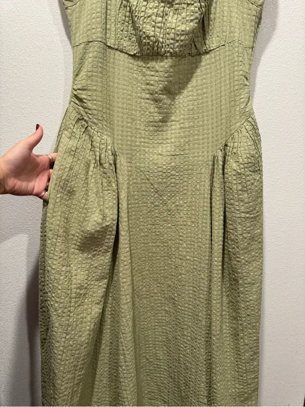Free People Ciara Pucker Check Midi Dress Olive Sage Large NWOT - Image 4