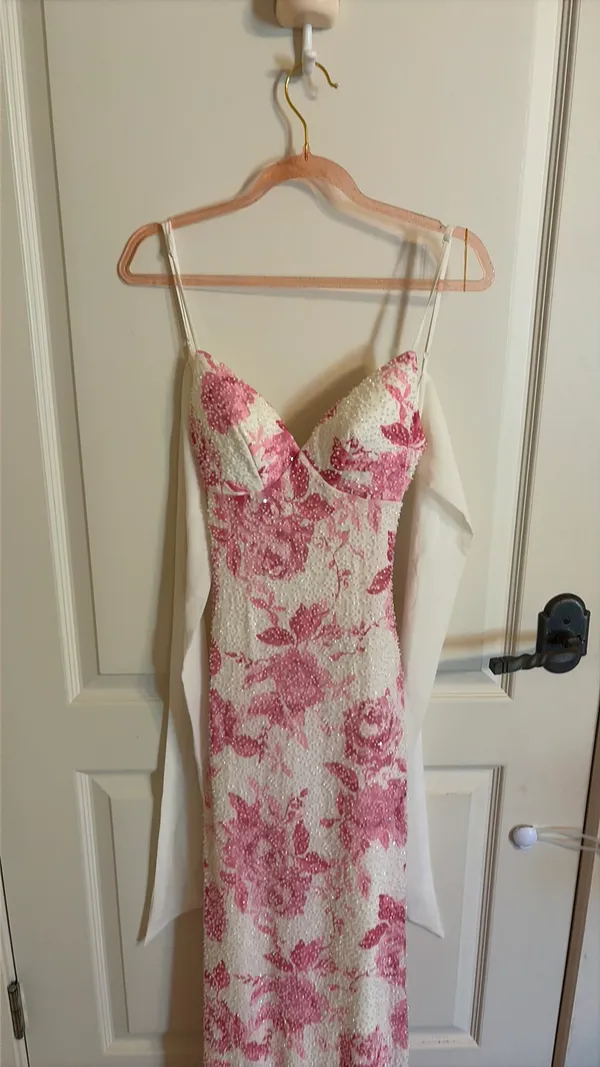 Long Pink Beaded Floral Dress - Image 2
