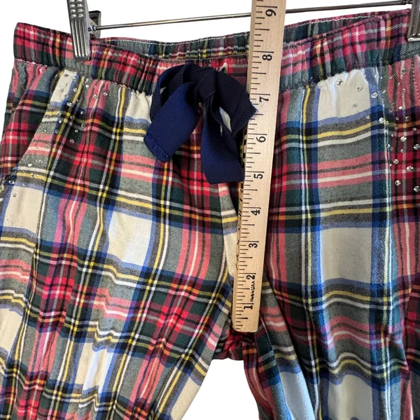 Aerie Women Medium Plaid Flannel Pajama Pants Rhinestone Accent Navy‎ Drawstring - Image 6