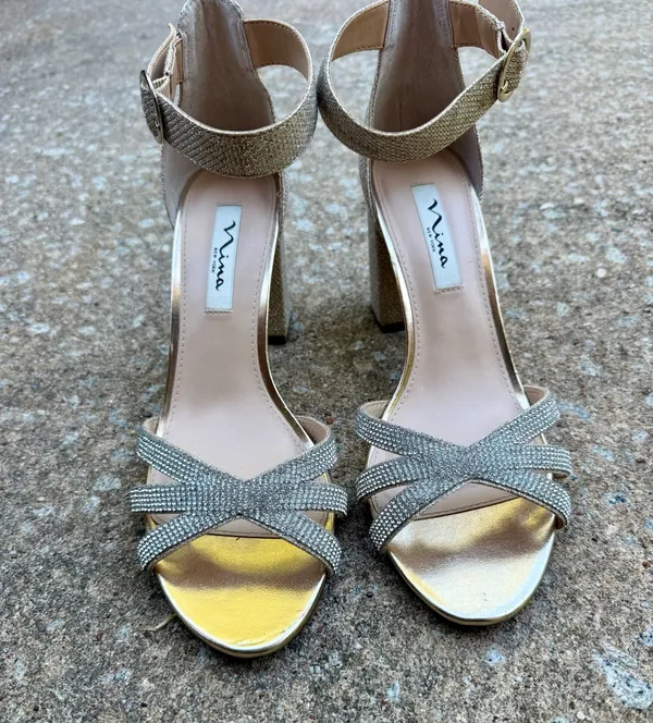 Nina New York Gold Shimmer Rhinestone Strappy Ankle Strap Block Heel Sandals - Image 3