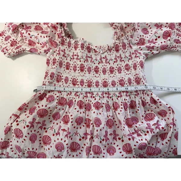 Hill House Home Mermaid Nap Dress Pink Red‎ Seashell Smocked Puff Sleeve Boho XS - Image 6