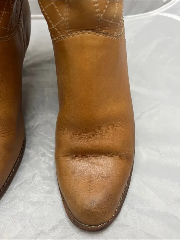 Women's 80s Vintage Tan Leather Mid-Calf Heeled Western Boots - Size 7B - Image 5