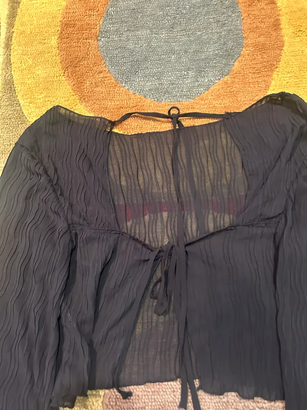Black Sheer Open Back Tie Cutout Wide Sleeve Long Sleeve Crop Top Blouse Shirt - Image 3