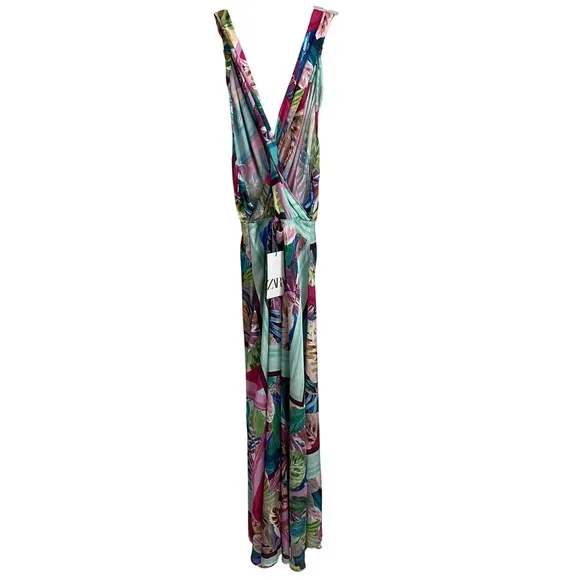 ZARA Multicolor Satin Effect Tropical Scarf Print V- Neck Midi Dress - S‎ NWT - Image 6