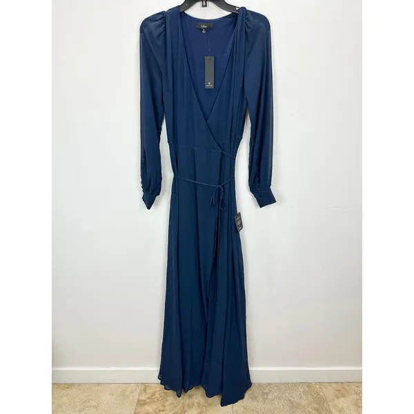 Lulus My Whole Heart Dark Navy Blue Long Sleeve Wrap Dress Chiffon Medium NWT - Image 5