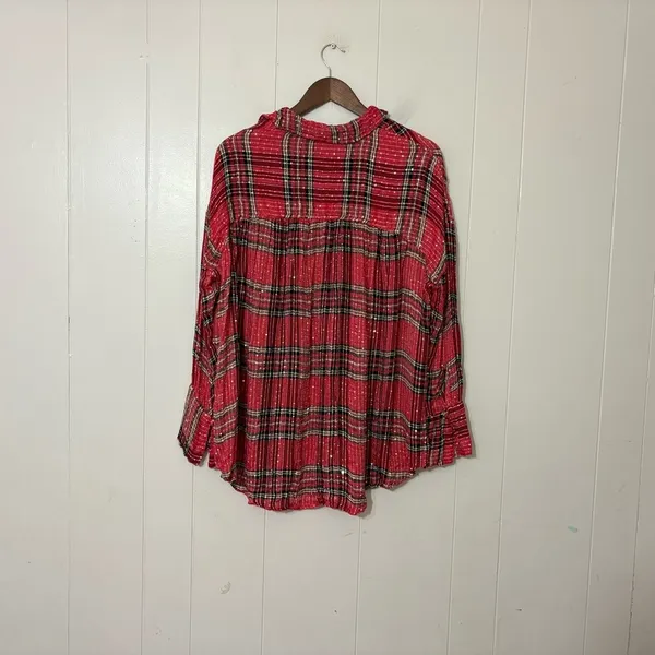 Free People Fearless Love Tunic XS Red Plaid Metallic Bell Sleeve Boho Top - Image 13
