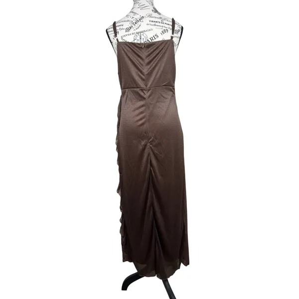 SheIn Women Brown Maxi Dress L Ruched Draped Spaghetti Strap Y2K Evening Party - Image 3