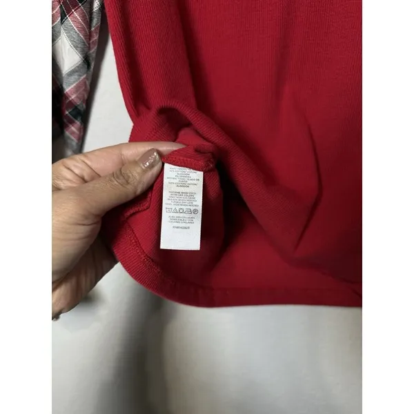 LOFT Women’s Ribbed Henley Red Plaid Mixed Media‎ Puff Shirred Ruffle Sleeves S - Image 10