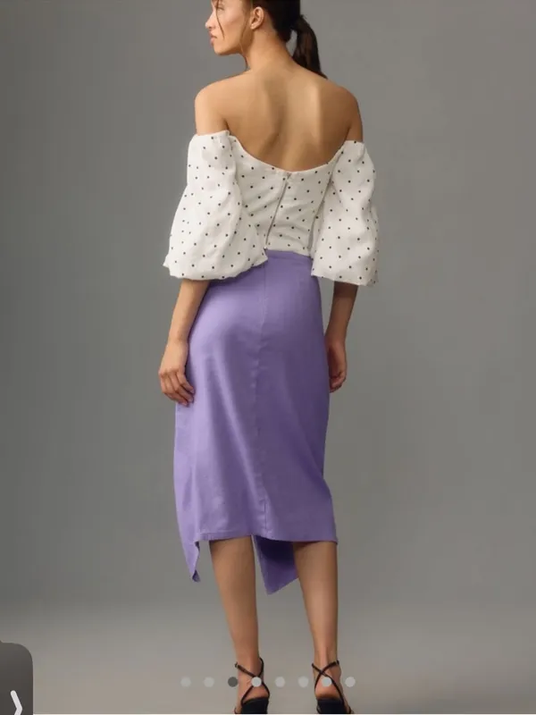 By Anthropologie Ruched Side-Slit‎ Linen Midi Skirt - Image 3
