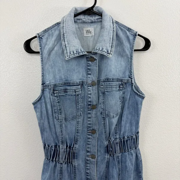 WASH LAB Dress Womens Size Small Blue Denim Sleeveless Button Front Maxi Raw Hem - Image 2