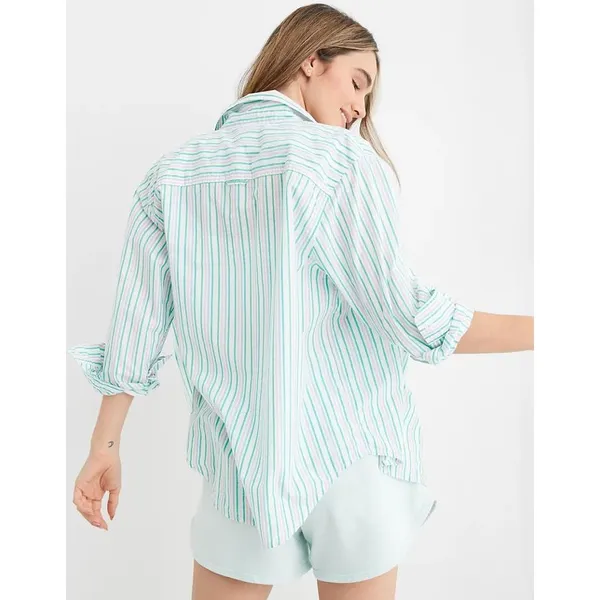 Aerie Button Down Shirt Women Large Green Pink Striped Coastal Relaxed Fit Top - Image 2
