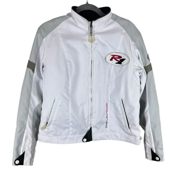 Castle Streetwear White Gray Full Zip‎ Lined Mock Neck Motorcycle Jacket Size 10 - Image 2