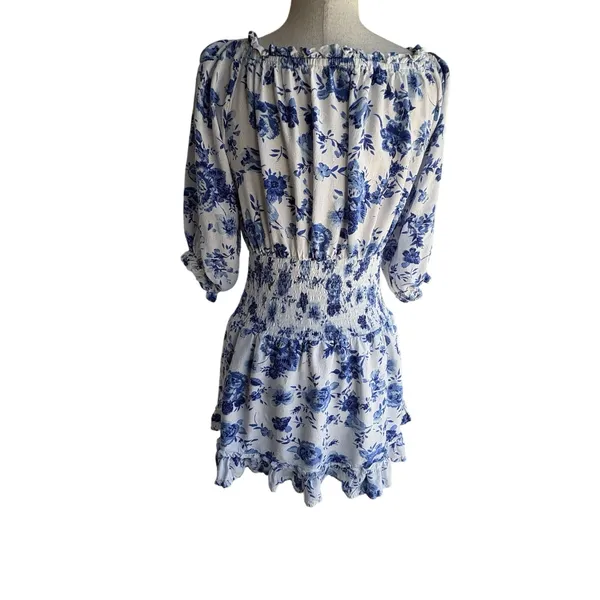 Main Strip White Mini Dress with Blue Floral Print - Image 2