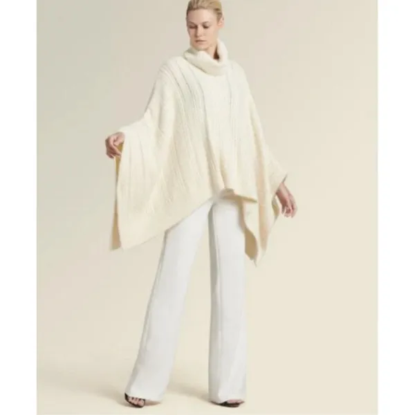 NEW Donna Karan‎ Ivory Cable Knit Cowl Neck Poncho Sweater Cape - Image 2