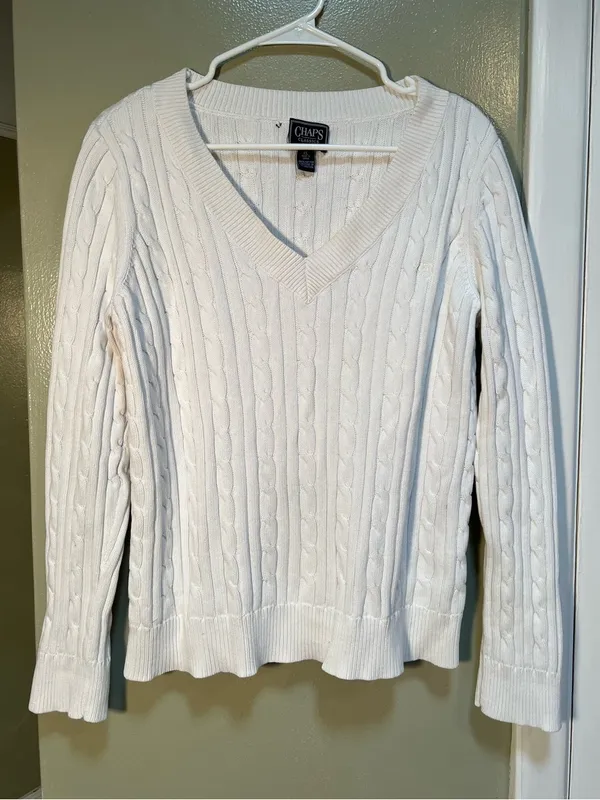 Chaps Women's Size XL V-Neck Sweater Cream White Cableknit 100% Cotton - Image 3