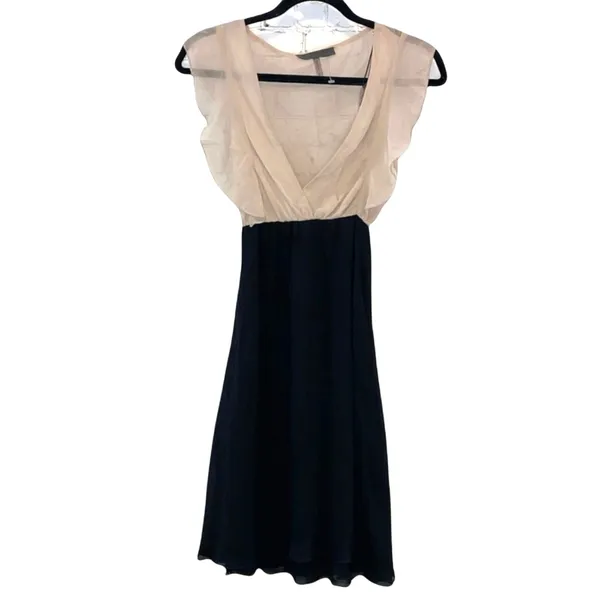 NWT ANM Colorblock Dress Small Black Beige Chiffon V-Neck‎ Ruffle Sleeve Midi - Image 2