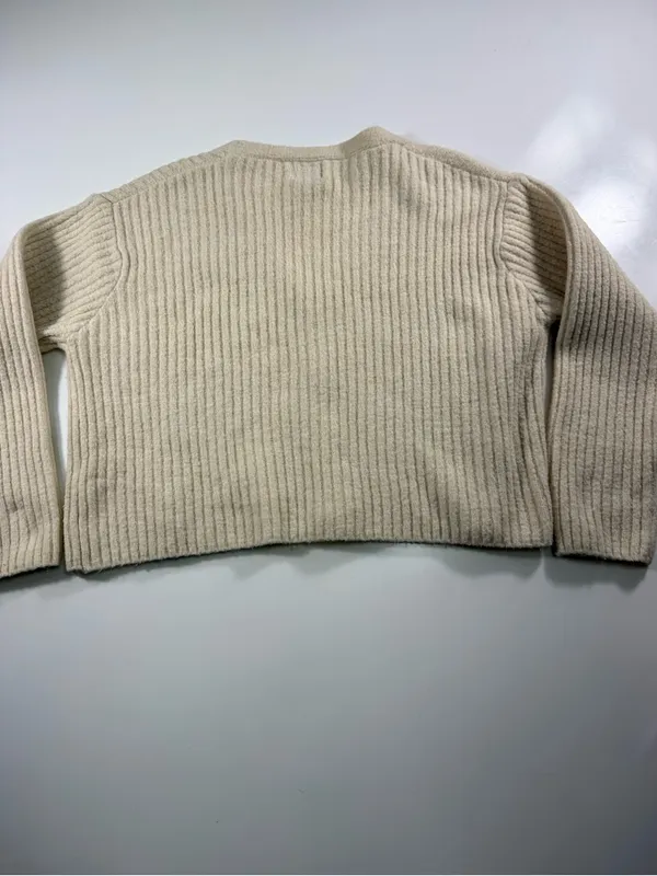 Polly Wool Blend V-Neck Cream Ribbed Button Cardigan Sweater - Image 7