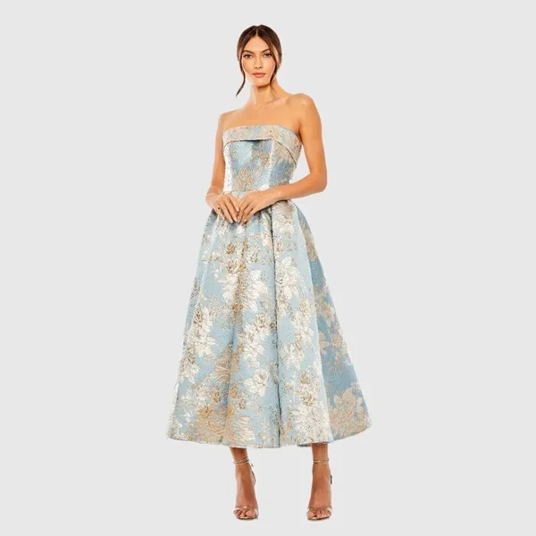 MAC DUGGAL 20726 Light Blue Strapless Brocade Midi Dress with Pockets Size 2 - Image 5