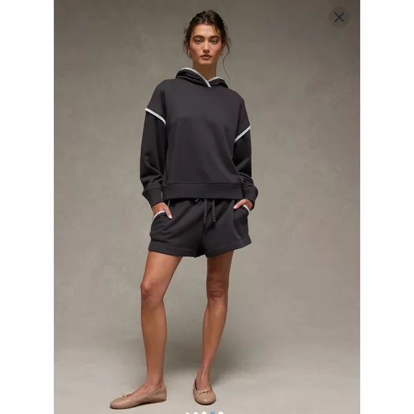 American Eagle Grey Hoodie Whipstitch Crochet Contrast Trim Oversized XL - Image 3