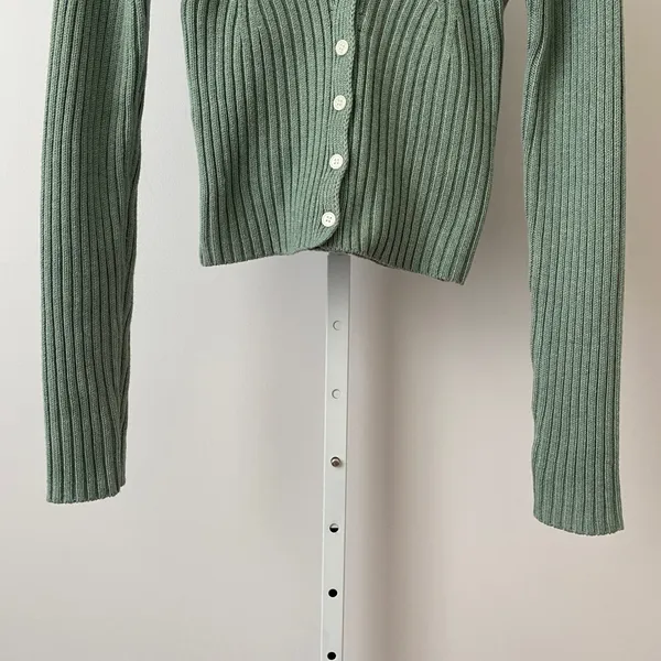 Happily Grey Cotton Clean Office Siren Academia Ribbed V-Neck Cardigan XS Green - Image 3