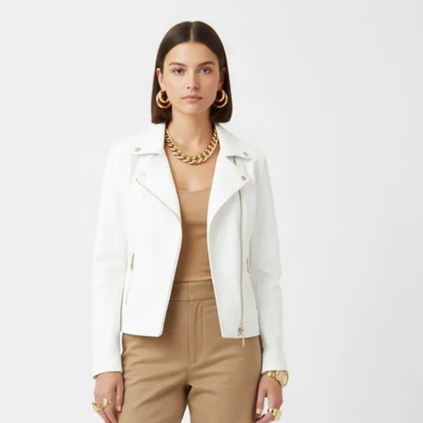 Anne Klein White Long Sleeve Gold Trim Zip Up Ponte Knit Jacket L - Image 7