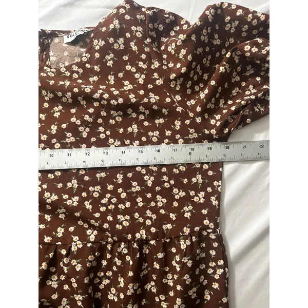 Solution Brown Floral Midi Dress Women's‎ Medium Puff Sleeve Casual Tiered - Image 5