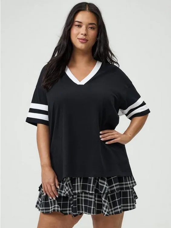 Torrid M/L 10/12 Super Soft Varsity V-Neck Tee Black White Collegiate NWT - Image 4