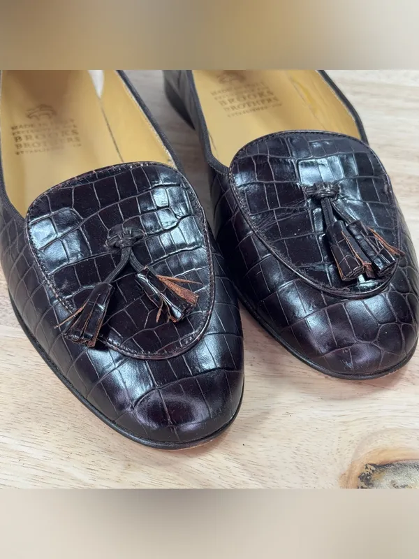 Brooks Brothers Croc Embossed Leather Tassel Loafers Brown 10 AA Narrow - Image 7
