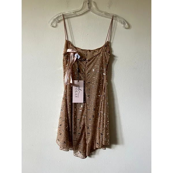 Oh Polly Durrani Sheer Embellished Scoop Neck Mini Dress in Nude Size 4 - Image 5