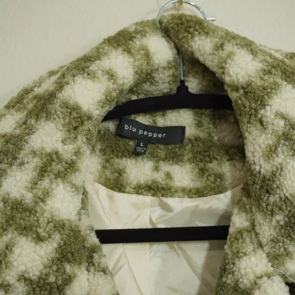 Blu Pepper Large Green Boho Checkered Sherpa Jacket Faux Fur Button Front Coat - Image 2