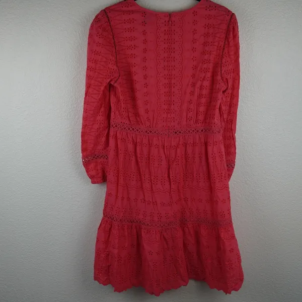J Crew Coral‎ Eyelet Dress Long Sleeve Tiered Ruffle Mini Size 0 Preppy - Image 6
