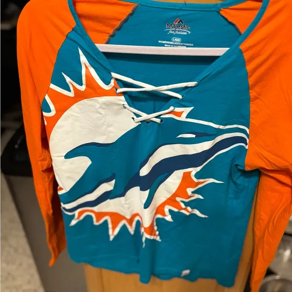 Women's Miami Dolphins Majestic Aqua/Orange Long Sleeve Lace-Up V-Neck T-Shirt l - Image 8
