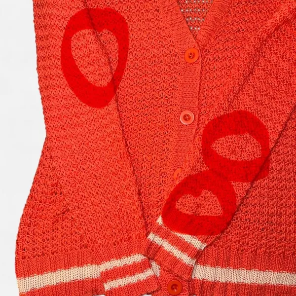 Forever 21 Bright Coral Knit Cardigan with Cream Varsity Stripes, Medium - Image 3