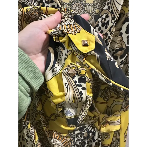 Carmen Marc Valvo Yellow Baroque Leopard Print Faux Wrap Dress Gold Stud Medium - Image 3