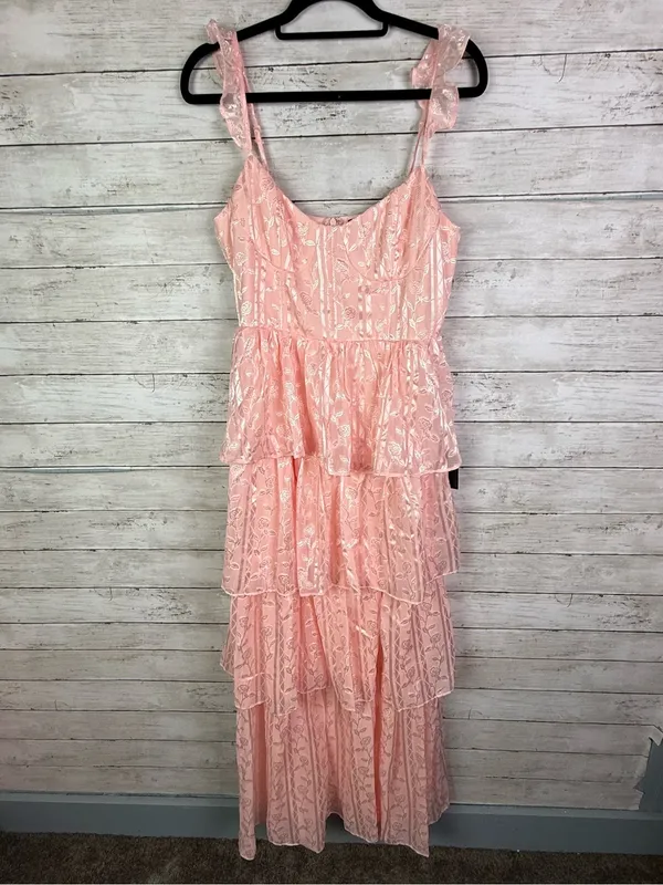 Lulus Stunning Glory Light Pink Floral Jacquard Tiered Maxi Dress Size Large - Image 3