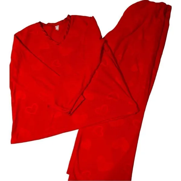 Pink k 2 piece set red cozy pjs with cute heart design. - Image 2