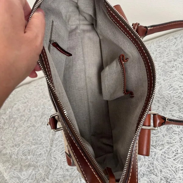 Dooney & Bourke Double Pocket Tote Tan Monogram Brown Leather HandBag Classic - Image 12