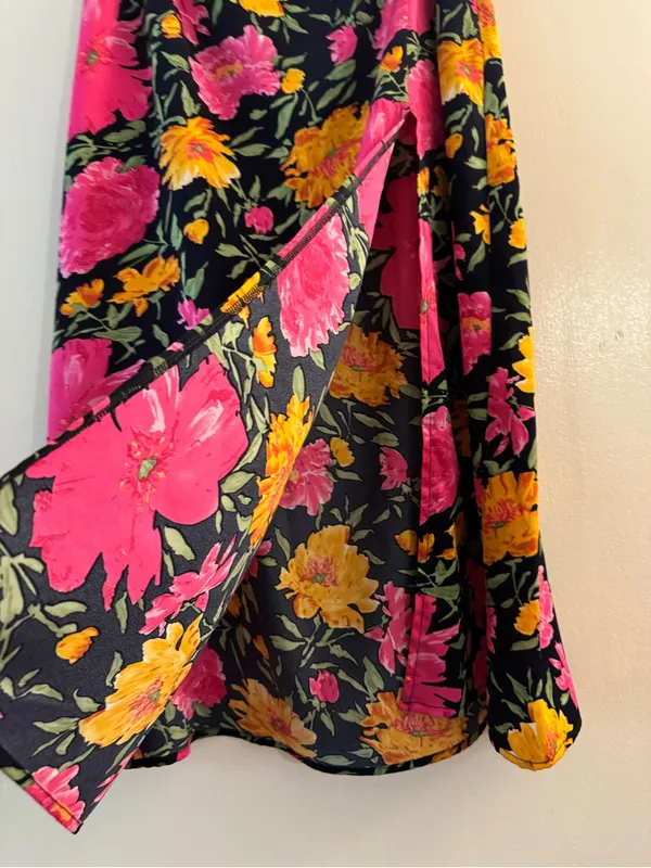 Lulus Playful Elegance Navy and Pink Floral Print High-Rise Midi Skirt Medium - Image 5