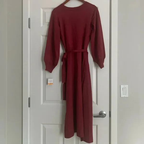Taylor Faux-Wrap Belted‎ Midi Sweater Dress - Size S - Cognac - NWT - Image 6