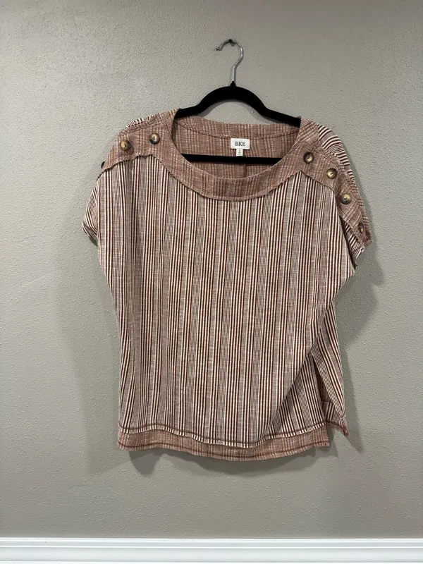 BKE Relaxed Stripe Short-Sleeve Top in Beige - Image 2