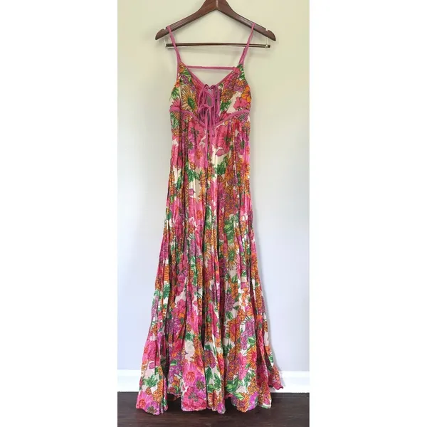 Free People Pink Floral Lace Up Empire Waist Dream Weaver Maxi Dress Sz Med - Image 3